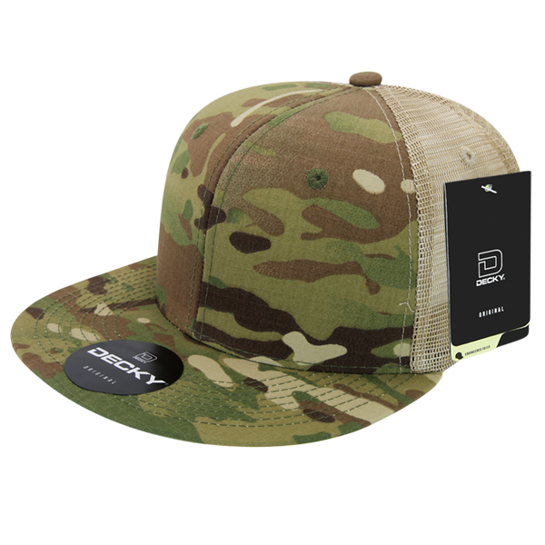 High Crown Multi Camo Trucker Snapback Cap, Camo/Khaki Adjustable Hat