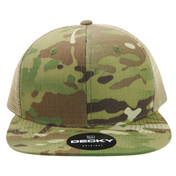High Crown Multi Camo Trucker Snapback Cap, Camo/Khaki Adjustable Hat