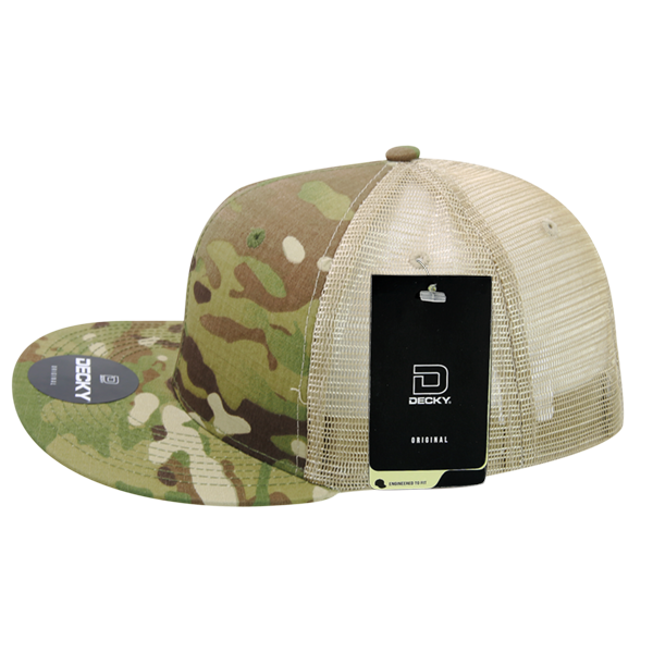 High Crown Multi Camo Trucker Snapback Cap, Camo/Khaki Adjustable Hat
