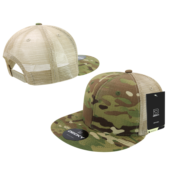 High Crown Multi Camo Trucker Snapback Cap, Camo/Khaki Adjustable Hat