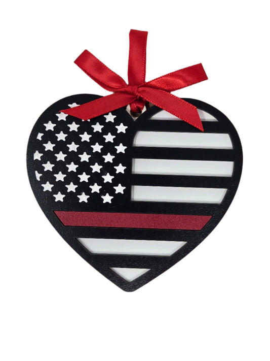 Thin Red Line Heart Ornament - A Tribute to our US Rescue - Made in USA