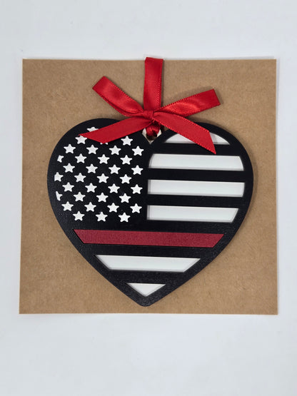 Thin Red Line Heart Ornament - A Tribute to our US Rescue - Made in USA