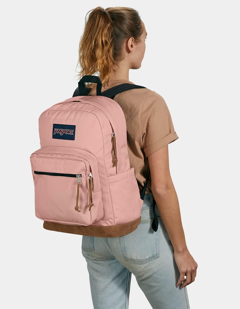 JanSport Right Pack Backpack - Travel, Work, or Laptop Bookbag with Suede Leather Bottom with Water Bottle Pocket, Misty Rose