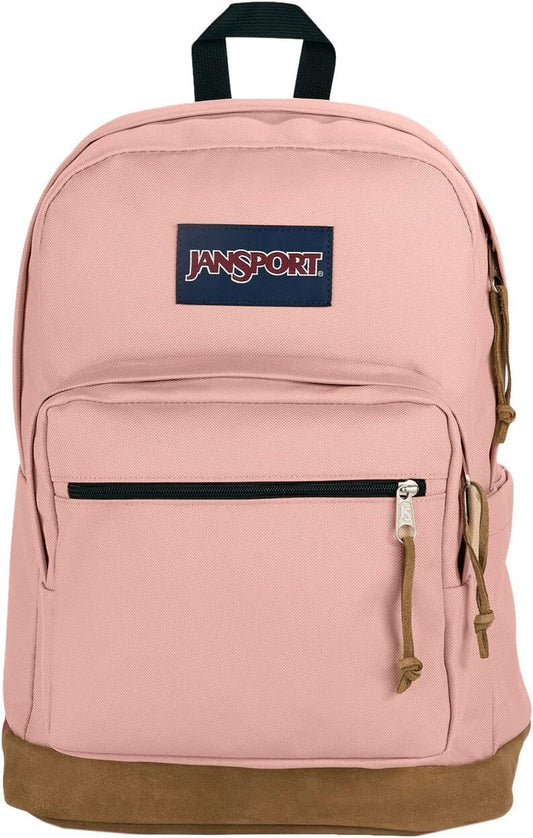 JanSport Right Pack Backpack - Travel, Work, or Laptop Bookbag with Suede Leather Bottom with Water Bottle Pocket, Misty Rose