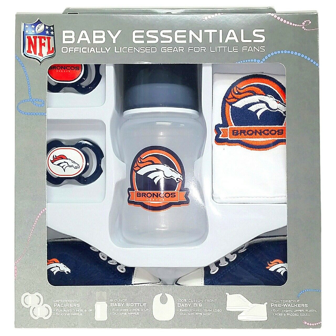 NFL Denver Broncos Baby Essentials 5 Piece Newborn Infant Baby Shower Gift Set