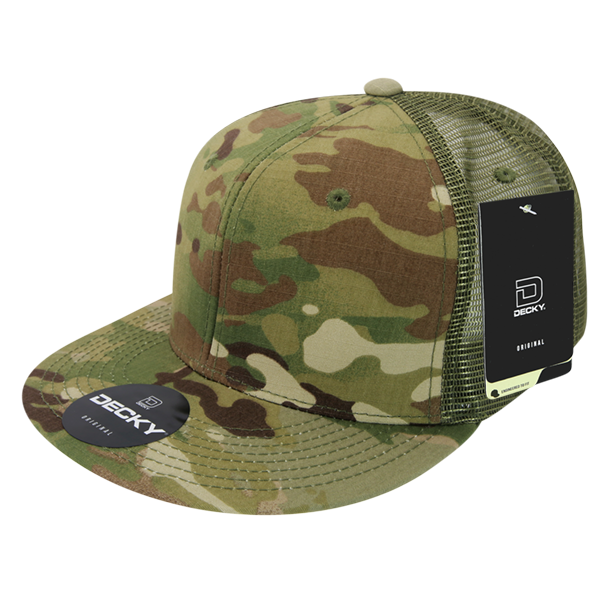 High Crown Multi Camo Trucker Snapback Cap, Camo/Olive Adjustable Hat