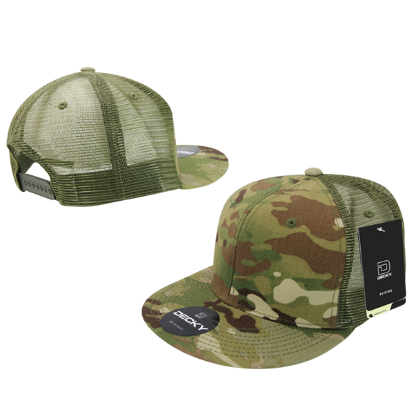 High Crown Multi Camo Trucker Snapback Cap, Camo/Olive Adjustable Hat