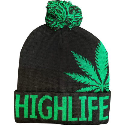 BLACK Pom Cuffed Knit Marijuana Leaf HIGHLIFE Printed Beanie Hats