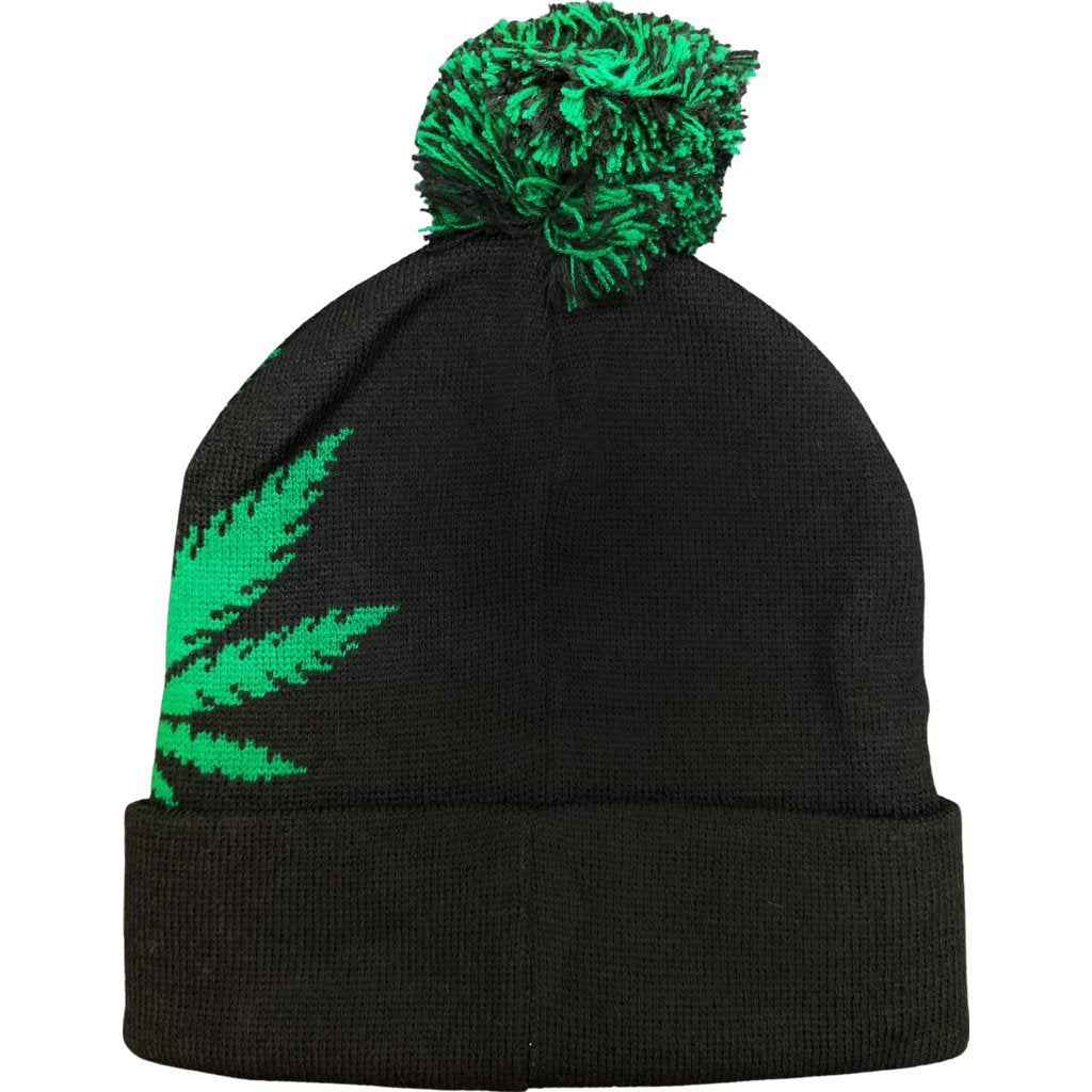 BLACK Pom Cuffed Knit Marijuana Leaf KUSH Printed Beanie Hats