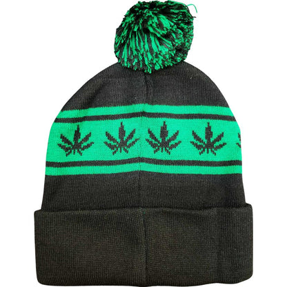 Black Pom Cuffed Knit Marijuana Leaf Printed Stripe Beanie Sombreros