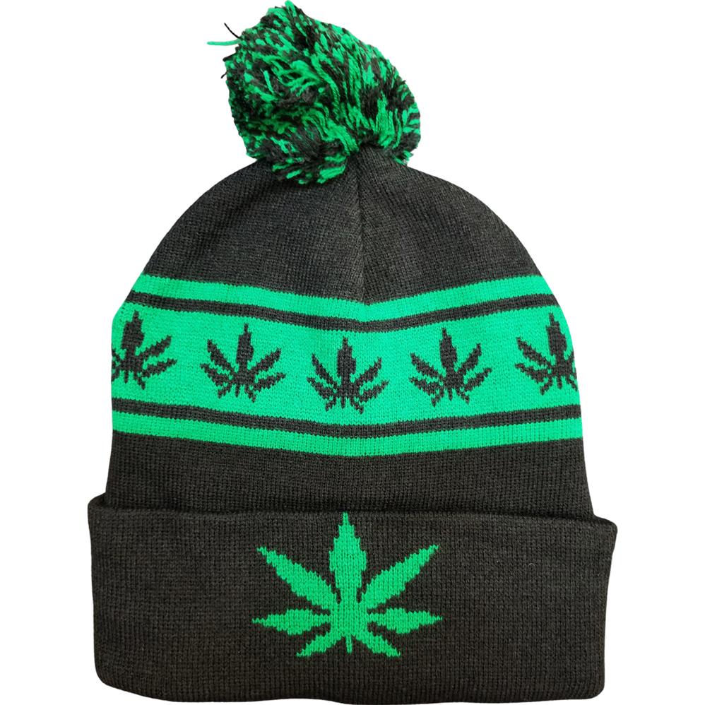 Black Pom Cuffed Knit Marijuana Leaf Printed Stripe Beanie Sombreros