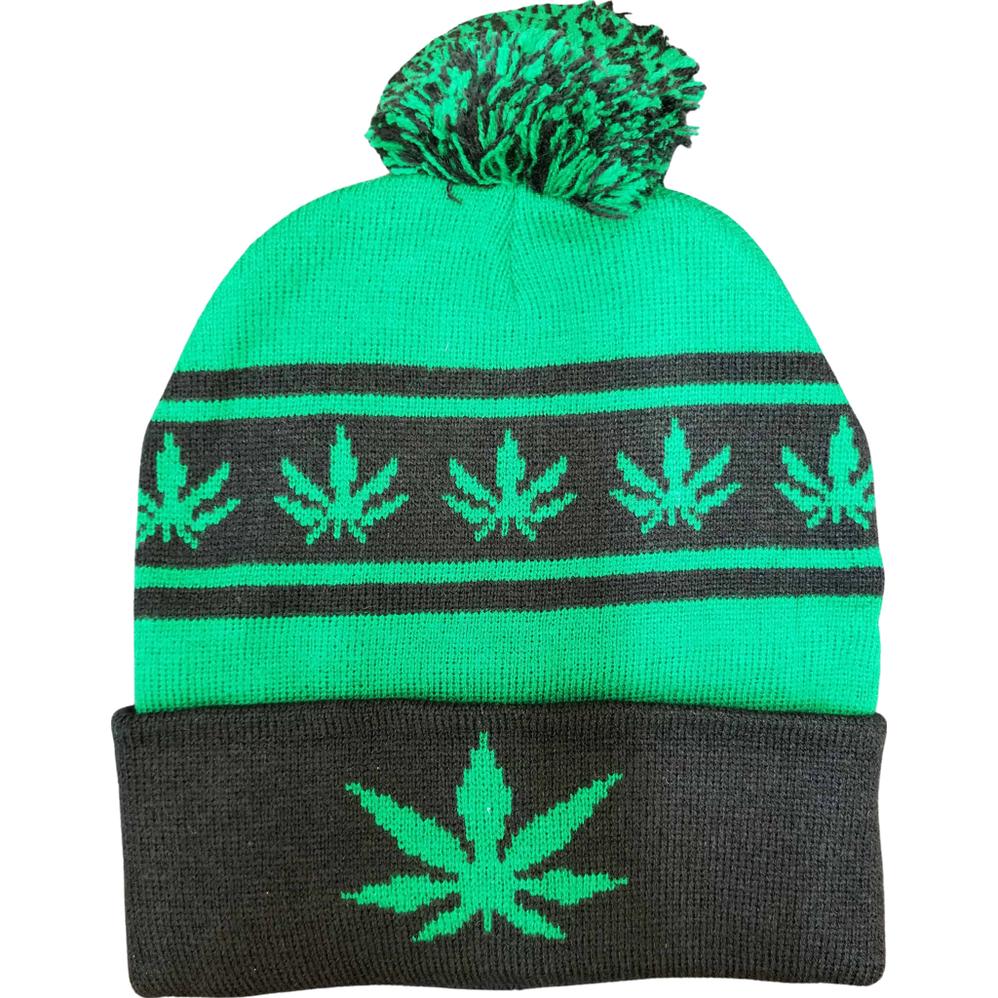 Green Pom Cuffed Knit Marijuana Leaf Printed Stripe Beanie Hats