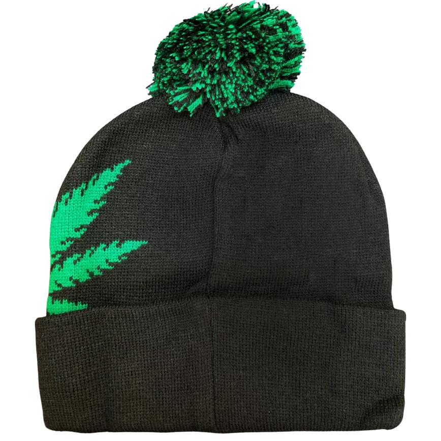 Black Pom Cuffed Knit Marijuana & Weed Printed Beanie Hats