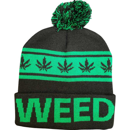 Black Pom Cuffed Knit Marijuana & Weed Printed Stripe Beanie Hats
