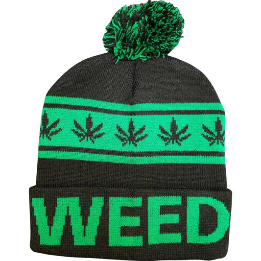 Black Pom Cuffed Knit Marijuana &amp; Weed Printed Stripe Beanie Hats