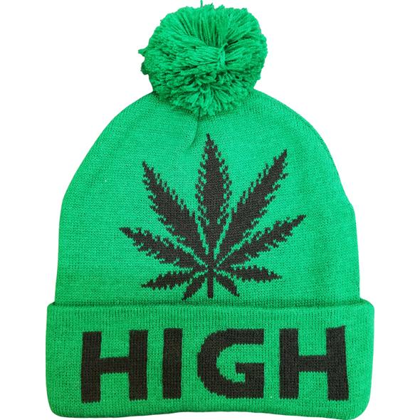 Green Pom Cuffed Knit Big Marijuana Leaf HIGH Printed Beanie Hats