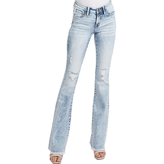 Women's Stretch Denim acid washed Ripped flare jeans